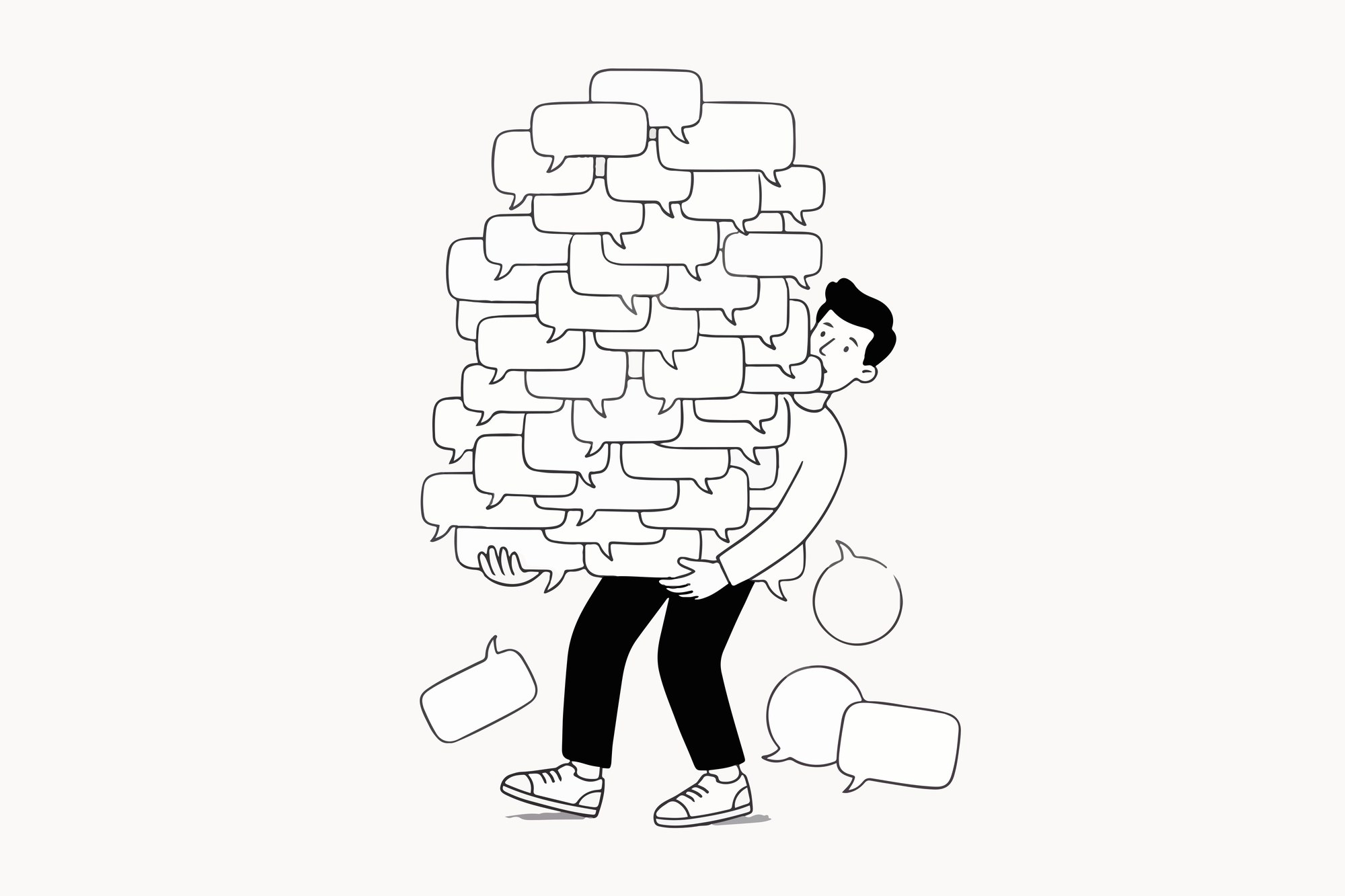 Ilustración en blanco y negro de una persona que carga con esfuerzo una pila de bocadillos de diálogo vacíos más alta que ella, mientras algunos caen al suelo.